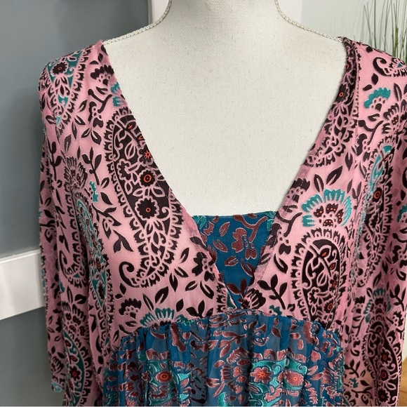 Anthropologie Floreat Velvet Burnout Blouse Small Purple Teal Boho Silk Blend - Picture 3 of 9